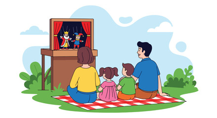 Adobe illustrator artwork vector illustration of a family watching a puppet show outdoors on a picnic blanket. Parents and children enjoy the entertainment together in a park setting