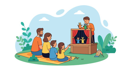 Adobe illustrator artwork vector illustration of a family watching a puppet show outdoors on a picnic blanket. Parents and children enjoy the entertainment together in a park setting