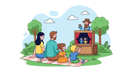 Adobe illustrator artwork vector illustration of a family watching a puppet show outdoors on a picnic blanket. Parents and children enjoy the entertainment together in a park setting