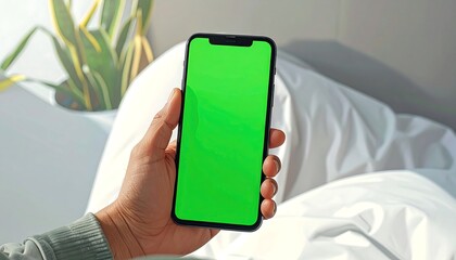 Person holding a smartphone with a green screen in a bedroom