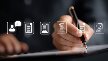 Close-up of a hand writing on a tablet, overlaid with document and communication icons