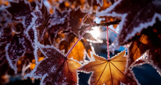 First frost on autumn leaves, delicate ice crystals, morning sunlight creating sparkle effects, transitional seasonal beauty