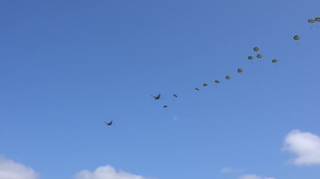Military paratroopers jumping out of a military plane