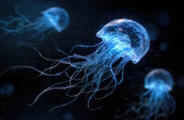 Glowing jellyfish in deep dark water