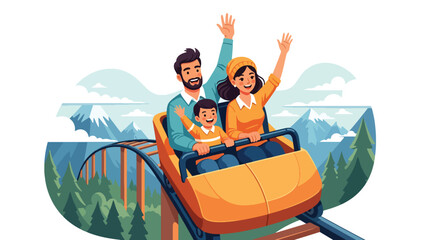 Obraz premium Adobe illustrator artwork vector illustration of a happy family riding a roller coaster at an amusement park. Parents and child enjoy the thrilling ride with mountains and trees in the background