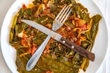 Top view of the plate after finishing the meal with the cutlery according to the protocol that...