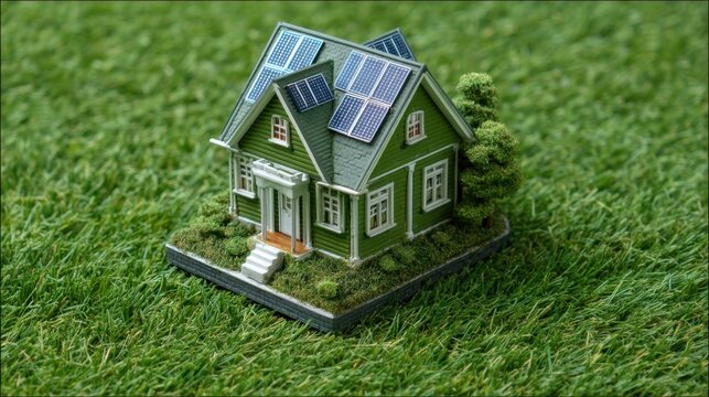 Miniature model of a green house with solar panels on the roof on a grassy field