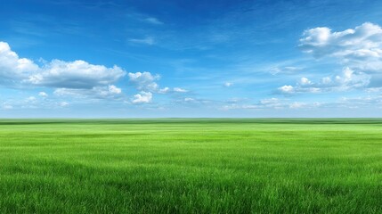 Fototapeta premium Vast Green Meadow Under Bright Blue Sky with Fluffy White Clouds in Daylight