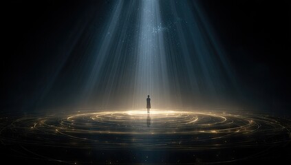 Obraz premium Silhouetted figure stands bathed in ethereal light, radiating from a central point above, over a swirling, golden surface