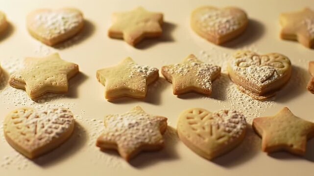 Close-up shot of assorted shortbread cookies, dusted with powdered sugar, arranged on a surface. - Powered by Adobe
