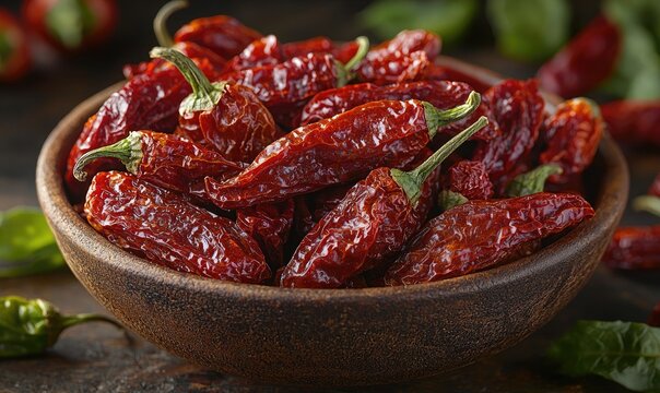 Dried red chili peppers in a rustic bowl - Powered by Adobe