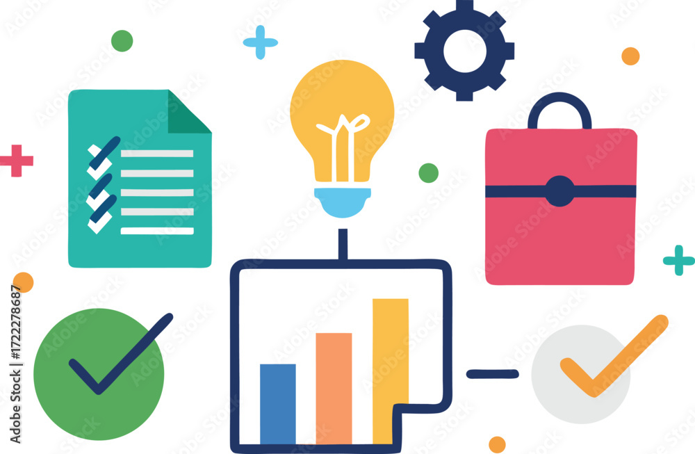 Poster set of productivity icons checklist graph teamwork idea business process vector illustration eps iso