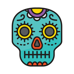 A turquoise sugar skull with decorative elements
