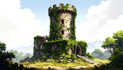 Old overgrown tower in a grassy landscape