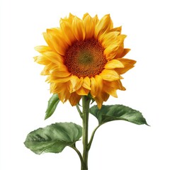 Vibrant sunflower, bright yellow petals, dark brown center, green leaves, isolated on white background