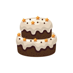 A twotiered chocolate cake with white frosting and star decorations