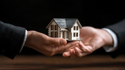 Hands Passing Miniature House Model Symbolizing Real Estate Transactions and Home Ownership Concepts