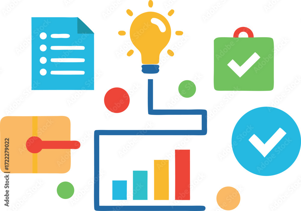 Poster scalable vector illustration of productivity icons checklist graph teamwork and ideas isolated on tr