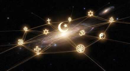 Illuminated Religious Symbols Connected in a Cosmic Network of Beliefs