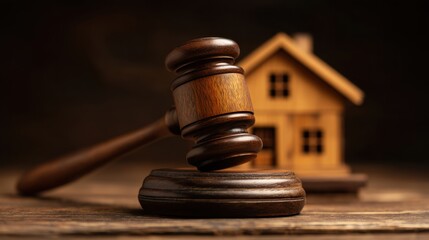 Wooden Gavel in Front of Miniature House Model Symbolizing Real Estate Law and Property Ownership