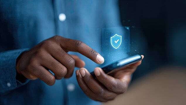 Close-up of hands holding a phone, a digital shield graphic overlayed, showcasing security