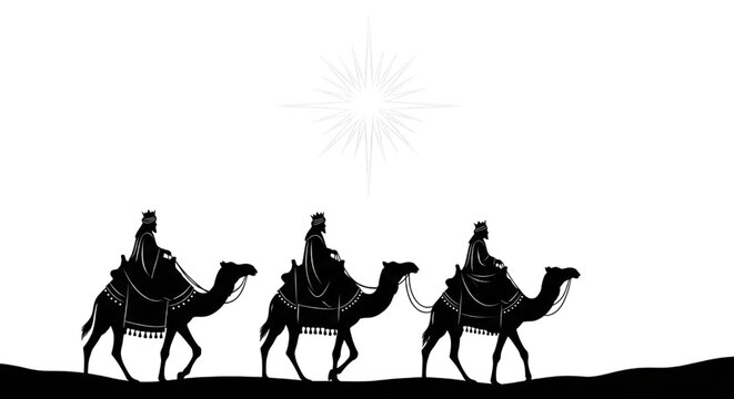 Three Wise Men Walking Under A Bright Star While Carrying Gifts In A Christmas Scene