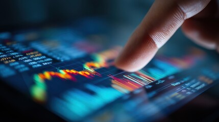 Digital Finger Tapping Chart Analysis with Colorful Candlestick Graphs and Data on Touchscreen Device