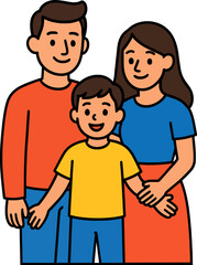Flat colorful vector of a smiling family group with father, mother, and son, bold outlines