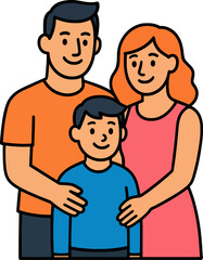 Flat colorful vector of a smiling family group with father, mother, and son, bold outlines
