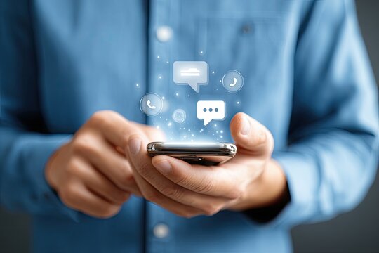 Close-up of hands holding a smartphone with communication icons overlayed