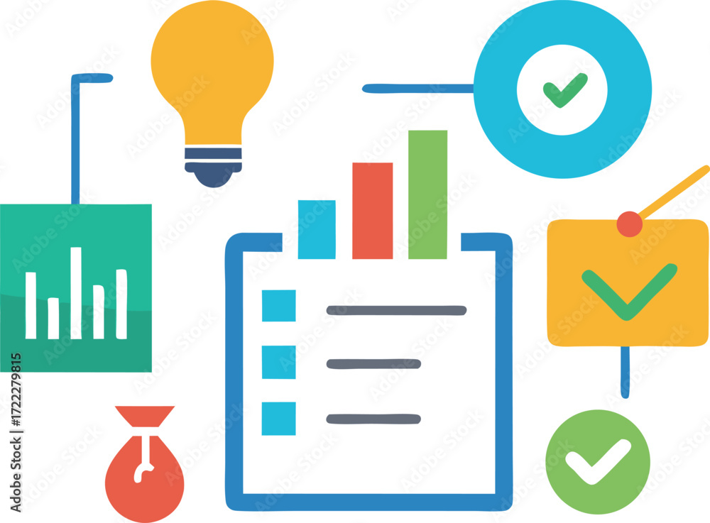 Poster productivity icons set checklist graph teamwork lightbulb idea vector illustration eps isolated on t