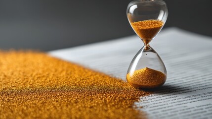 Close-Up of Hourglass with Golden Sand on Paper, Symbolizing Time and Life in a Creative Background