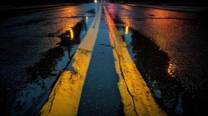 Reflection of Street Lights on Wet Pavement with Yellow Double Lines in Urban Night Scene