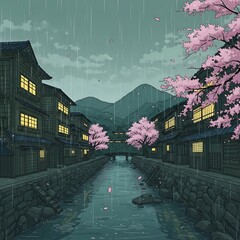 Rainy Japanese Town with Cherry Blossoms.