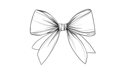 Elegant, hand-drawn ribbon bow, outlined in black ink on white background