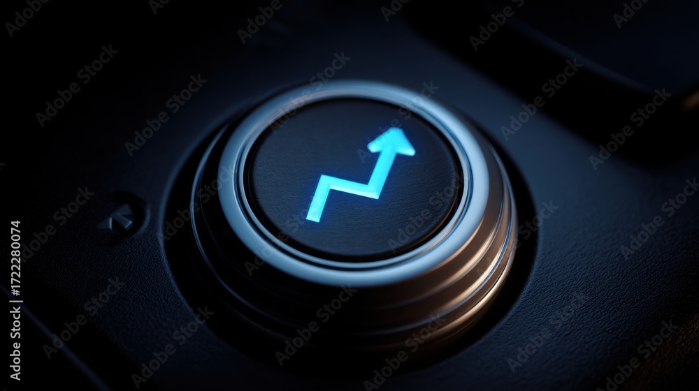 Poster modern blue icon with upward arrow on metallic control button for technology dashboard or user inter