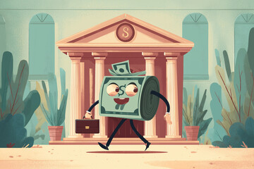 cartoon illustration of a money carrying a suitcase