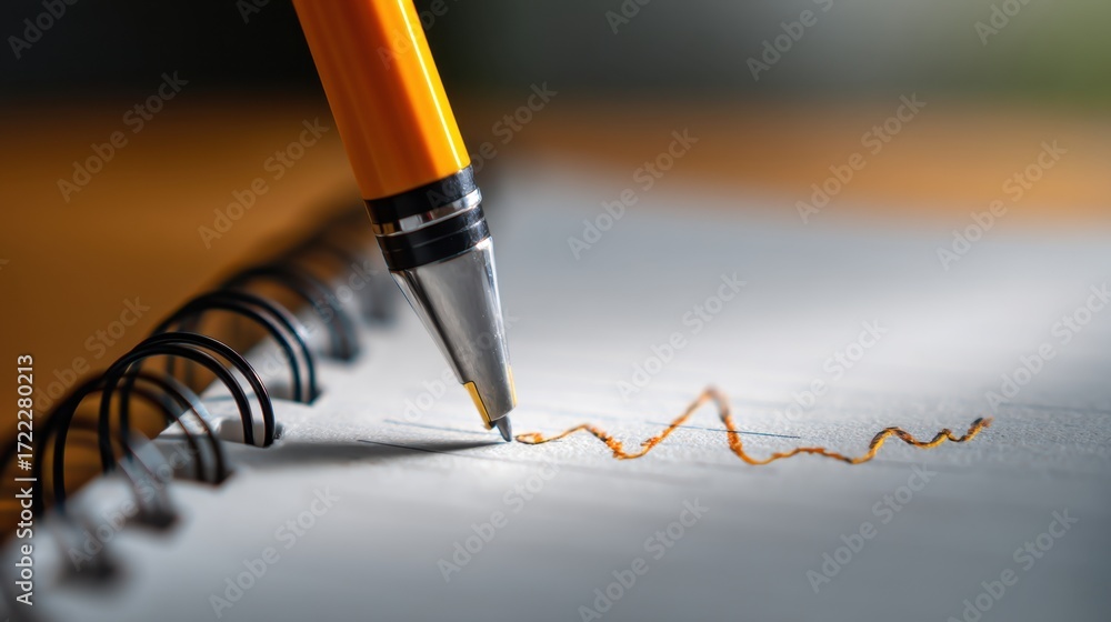 Poster close-up of orange pen writing on blank notebook page with spiral binding and graph line illustratio