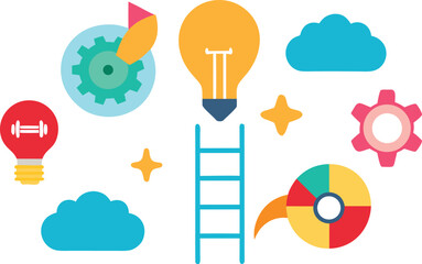 Vector idea icons light bulb rocket gears ladder cloud stars eps illustration isolated on transparent background