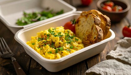 Scrambled eggs in a takeaway container with toast and salad