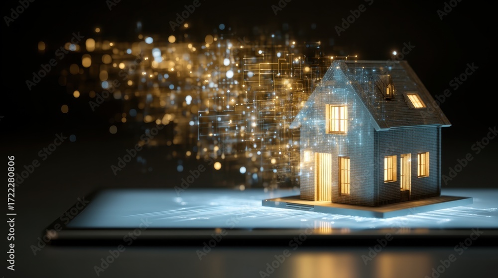 Poster digital transformation concept with illuminated house model on tablet screen showcasing innovative t