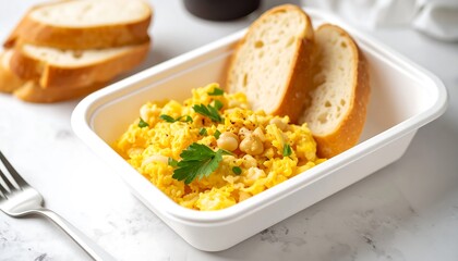 Scrambled eggs with bread in a white container