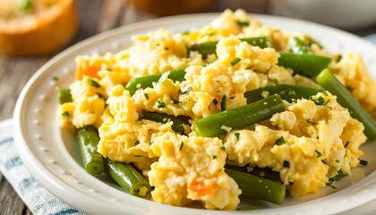 Scrambled eggs with green beans on a plate