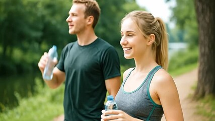 Fit couple smiling and hydrating with water bottles during a refreshing outdoor workout break in nature - Powered by Adobe