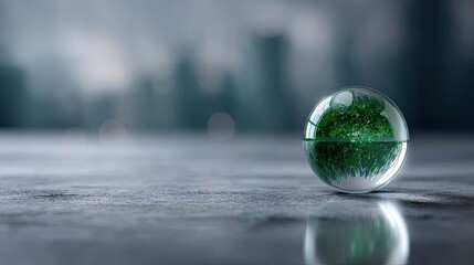 Green Sparkle Filled Sphere on Gray Surface Reflecting Cityscape Backdrop