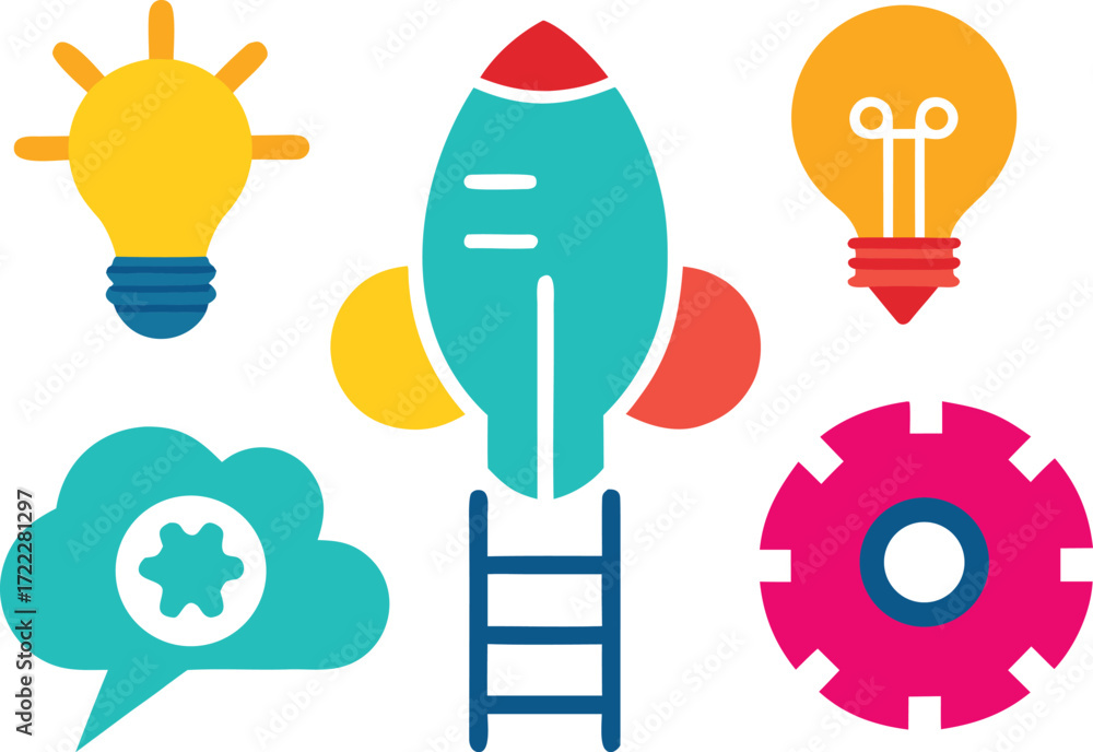 Poster set of idea icons vector illustration light bulb rocket gears and ladder scalable eps isolated on tr
