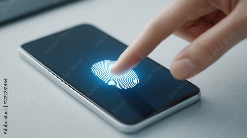 Poster A hand using a smartphone's fingerprint scanner for authentication.