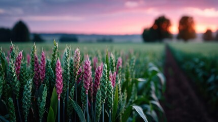 Green Wheat Field at Sunset with Pink Flowers and Row Pattern in Rural Landscape, Pastel Sky, Agriculture Concept