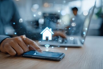 Hands interacting with a smartphone and laptop, surrounded by a digital network of home automation icons