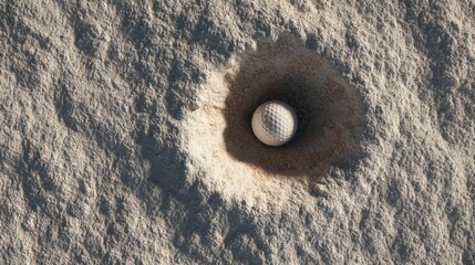 Golf Ball Nestled in Sand Trap with Imprinted Texture and Light Shadows Creating a Unique Visual Composition